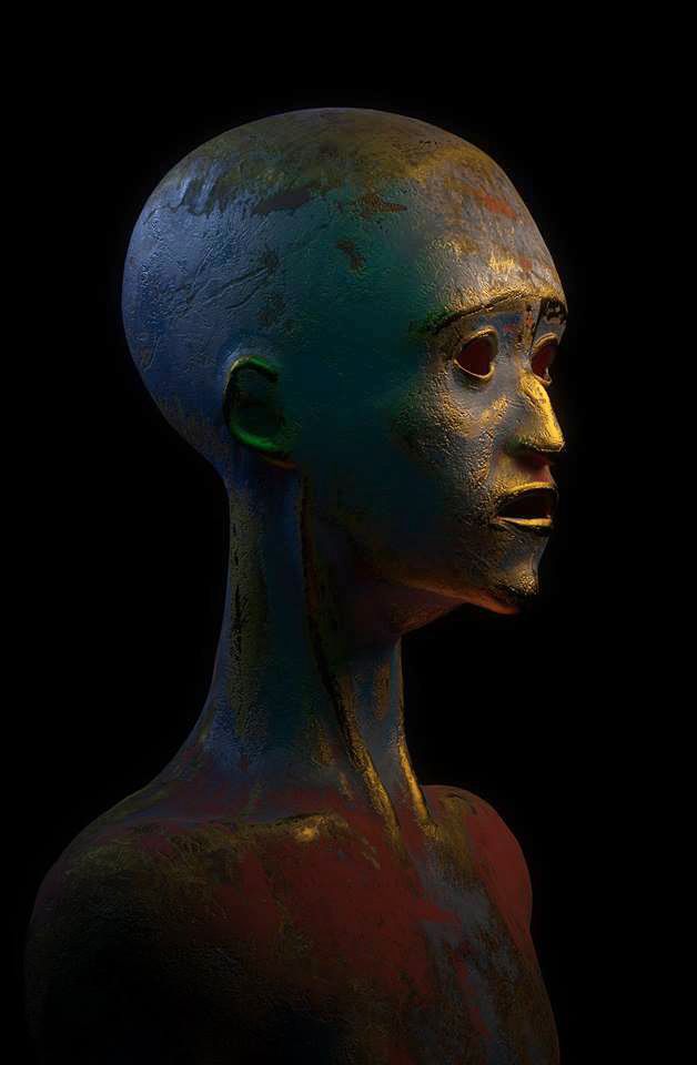 A 3D bust of a bald figure with textured, weathered skin lit from the side on black