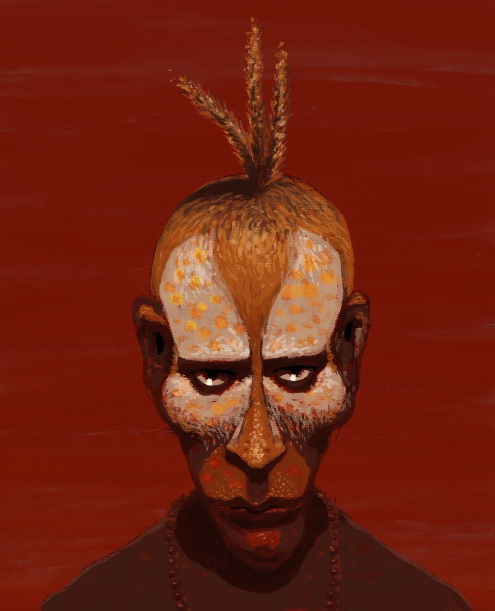Painted portrait of a stern man with a mohawk, in earthy reds and oranges