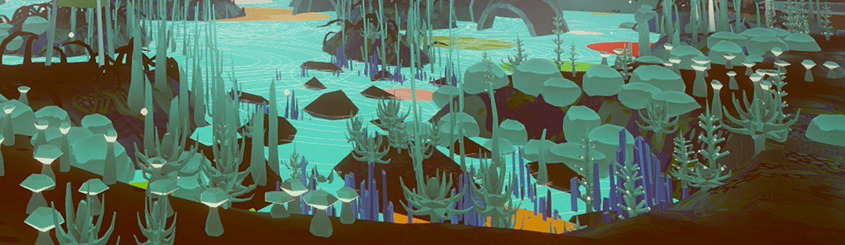 A wide swampy VR landscape of pale trees and glowing lights in teal
