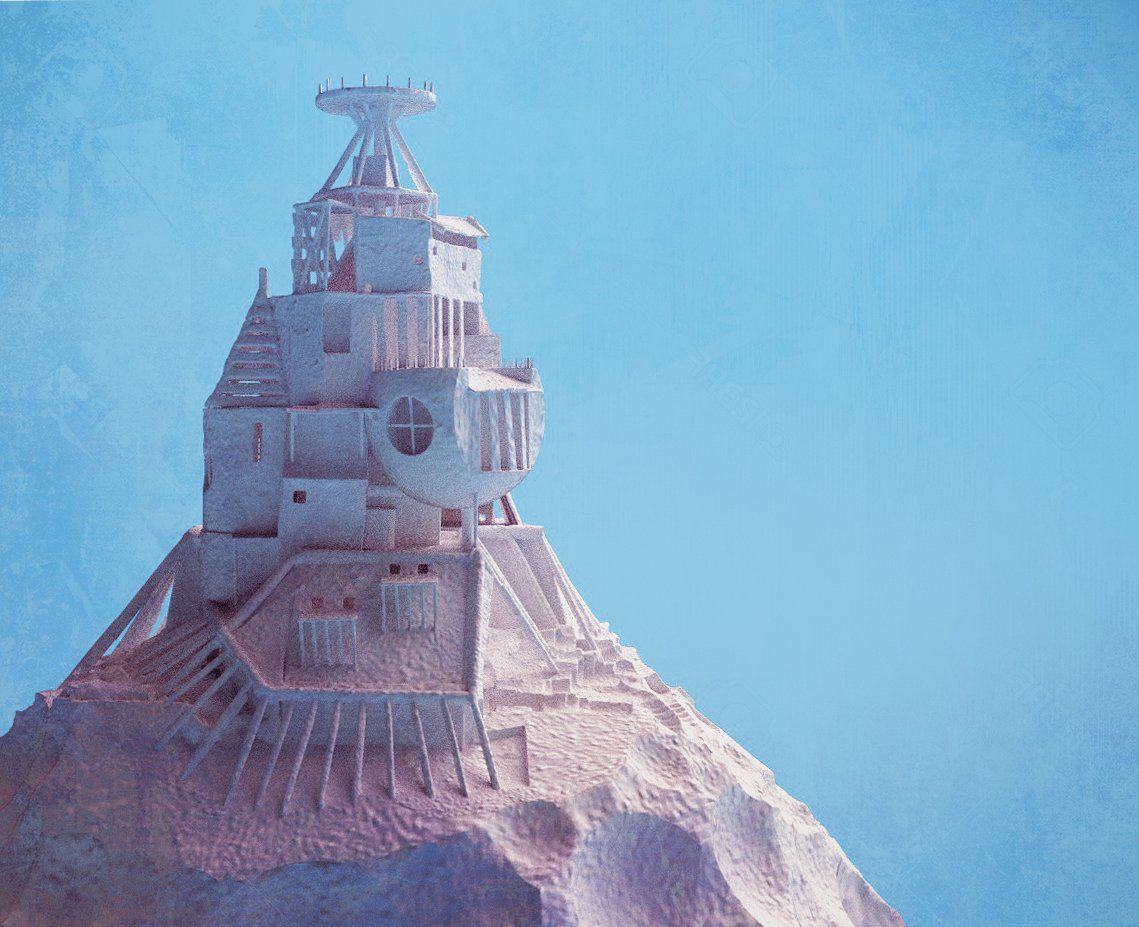 A pale tower of stacked buildings rising from a rocky peak against a soft blue sky