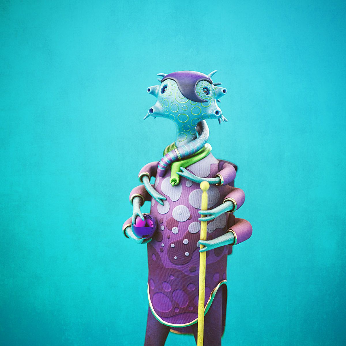 A spiky-headed blue creature character standing with a staff on a bright blue background