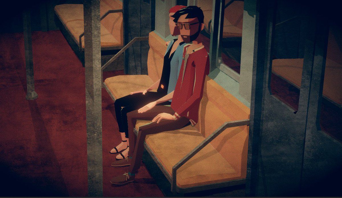 A woman in a red coat sitting on a subway seat, seen through the window — Sonder
