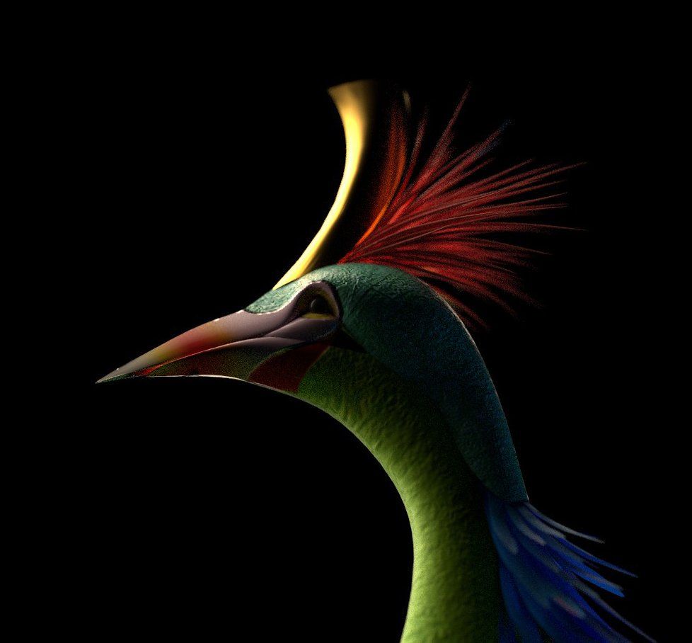 A stylised bird with a long beak and a red feathered crest, in profile on black