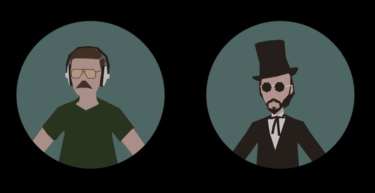 Two round portrait icons — a man in headphones and a man in a top hat — Sonder character designs