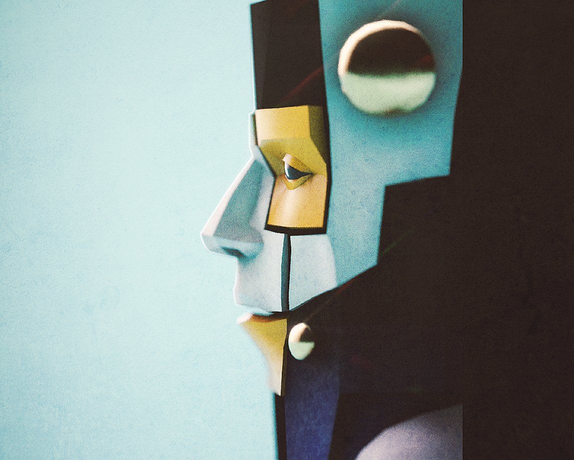 A geometric cubist-style portrait of a face split in blue, yellow and cream planes