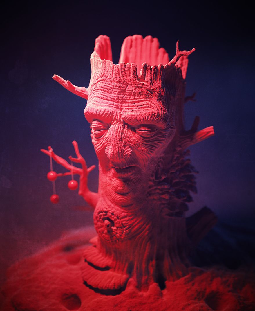 A red-lit sculpted figure with branch-like arms on a pink and purple background