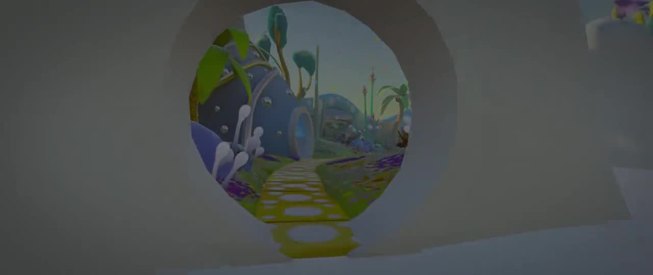 A small VRChat world — a round window looking into a colourful island scene, with sound