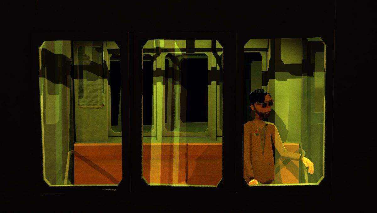 A bearded man standing in a subway carriage seen through the windows — Sonder
