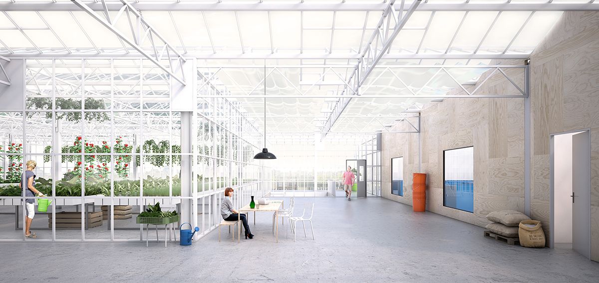 A bright hall under a glass greenhouse roof, with planters, people at a table and a long concrete wall — interior visualisation