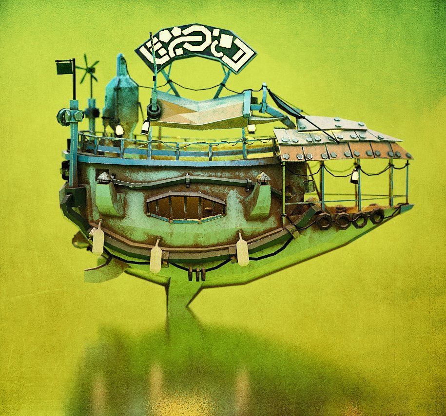 A floating island town on a green background — a diorama of stacked houses and a windmill