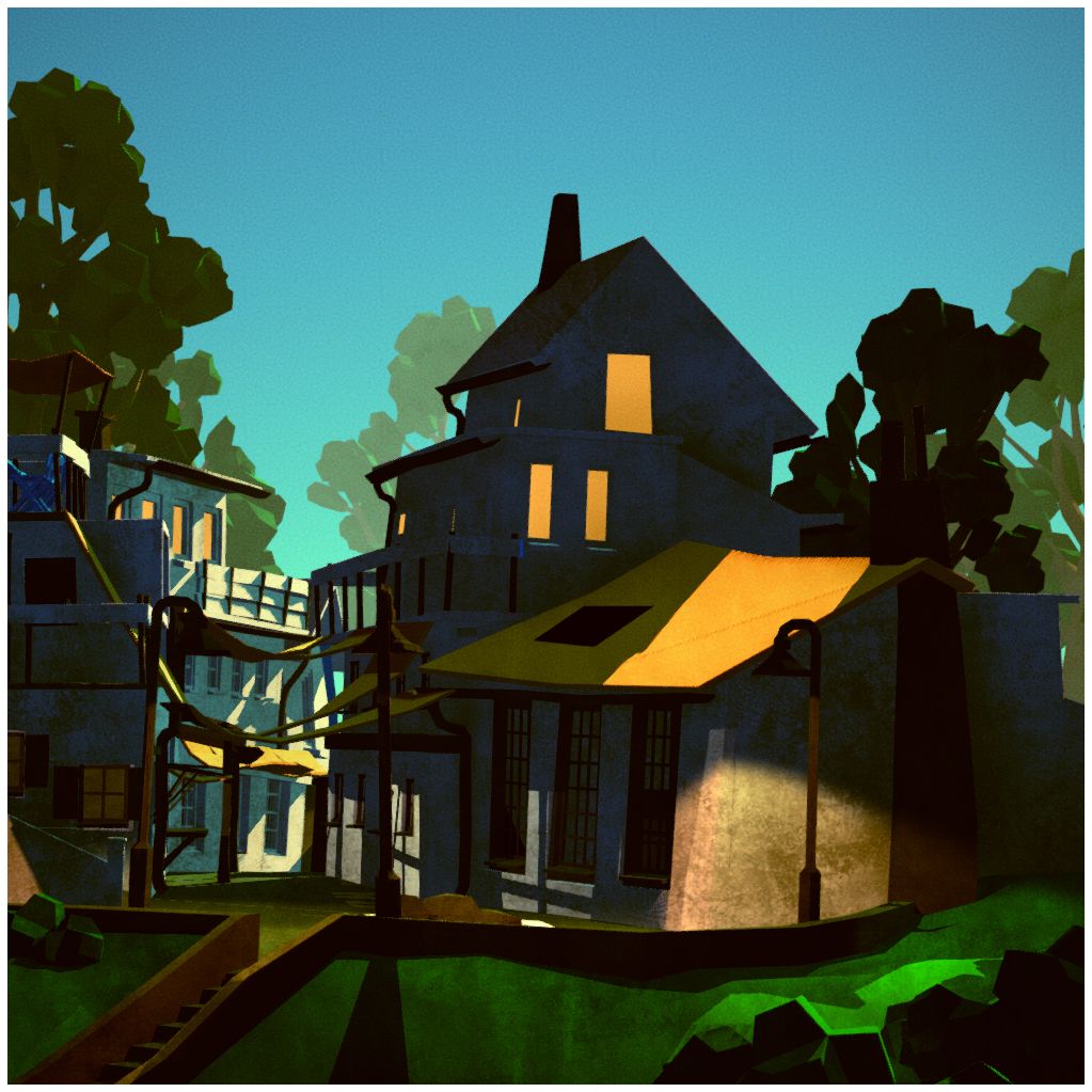 A wooden house at night with warm lit windows, surrounded by trees in flat cel-shaded style