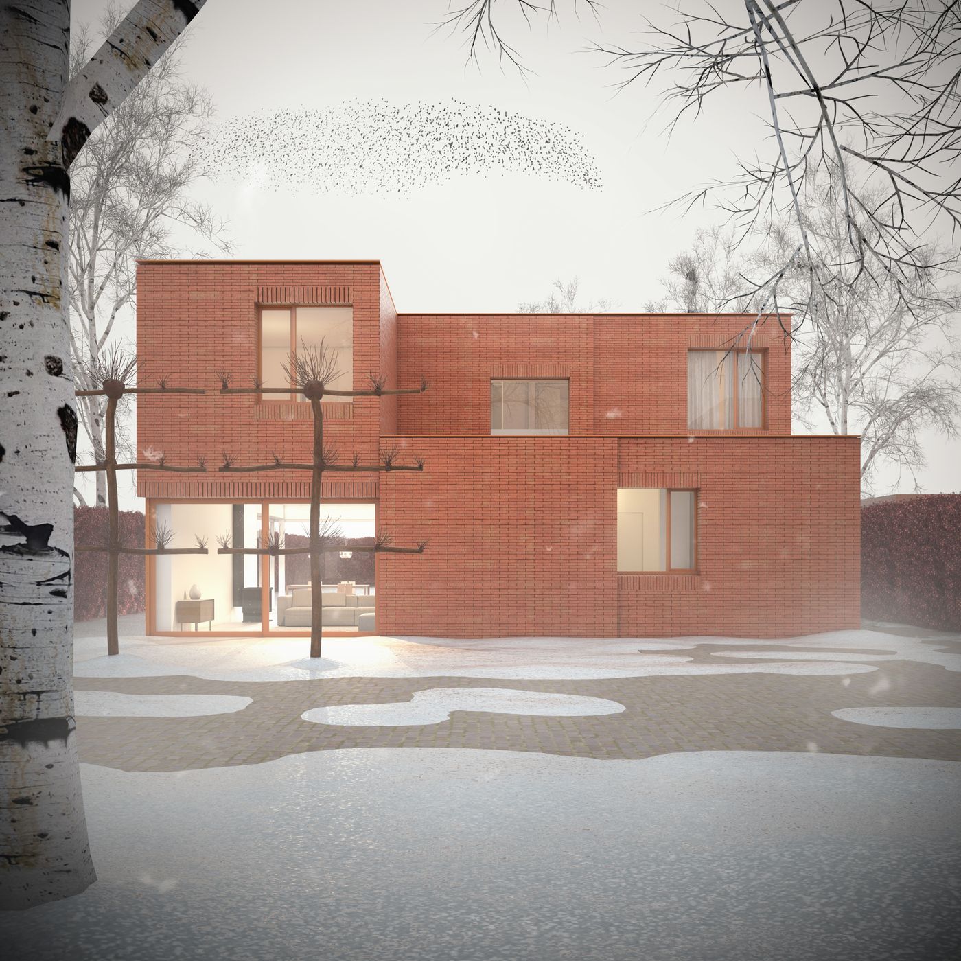 A red-brick house of stacked boxes in a snowy garden with bare birch trees — exterior visualisation