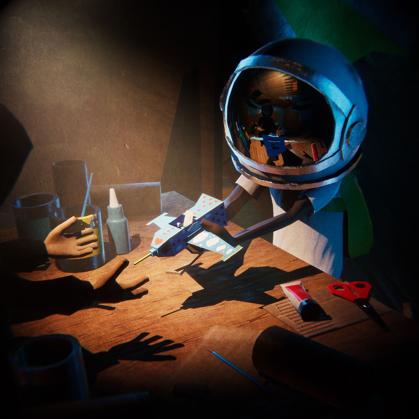 Aku sitting at a desk with a paper airplane, seen from above in warm light