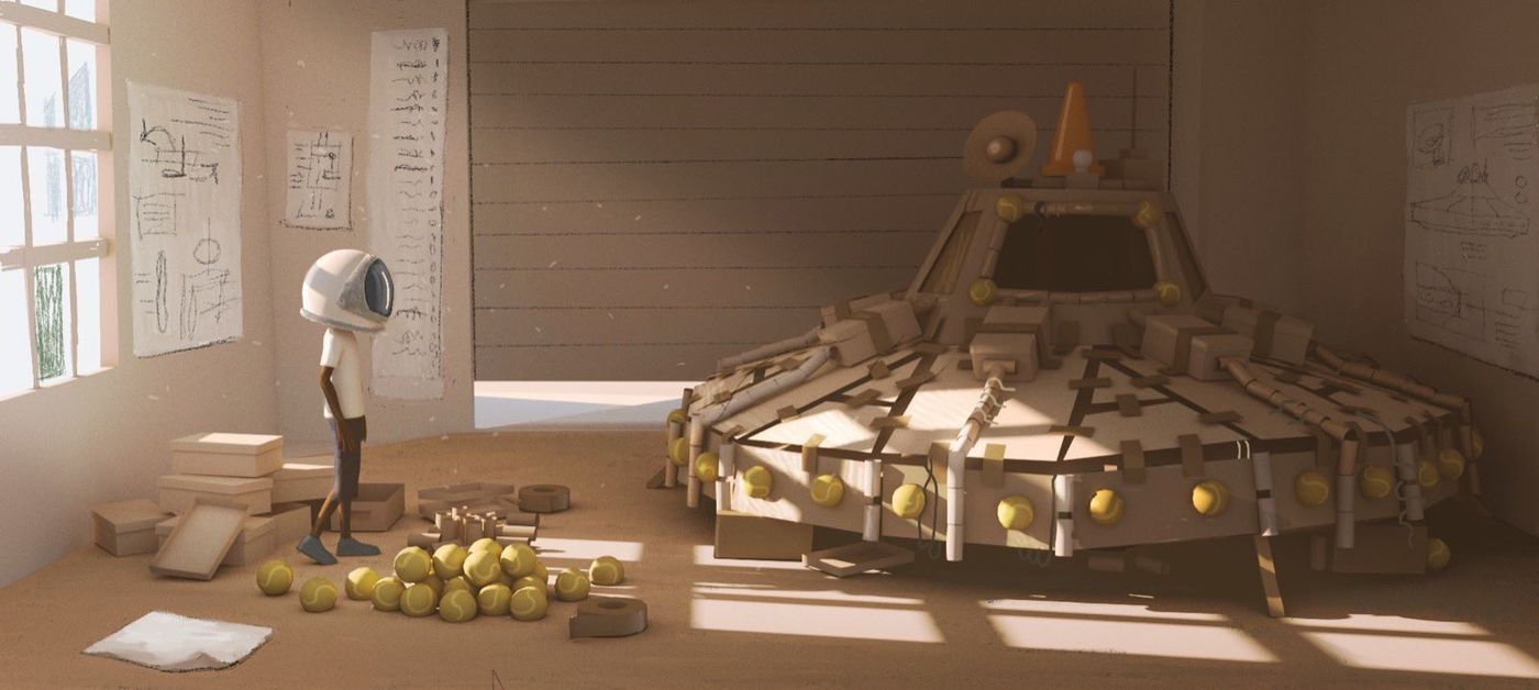 Concept art — Aku looks at the flying saucer he built from cardboard boxes and tennis balls in a garage, blueprints pinned to the wall
