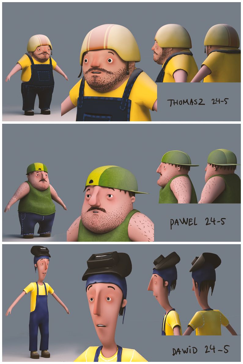 Character design sheet — a yellow-shirted stocky worker character with turnarounds and expressions