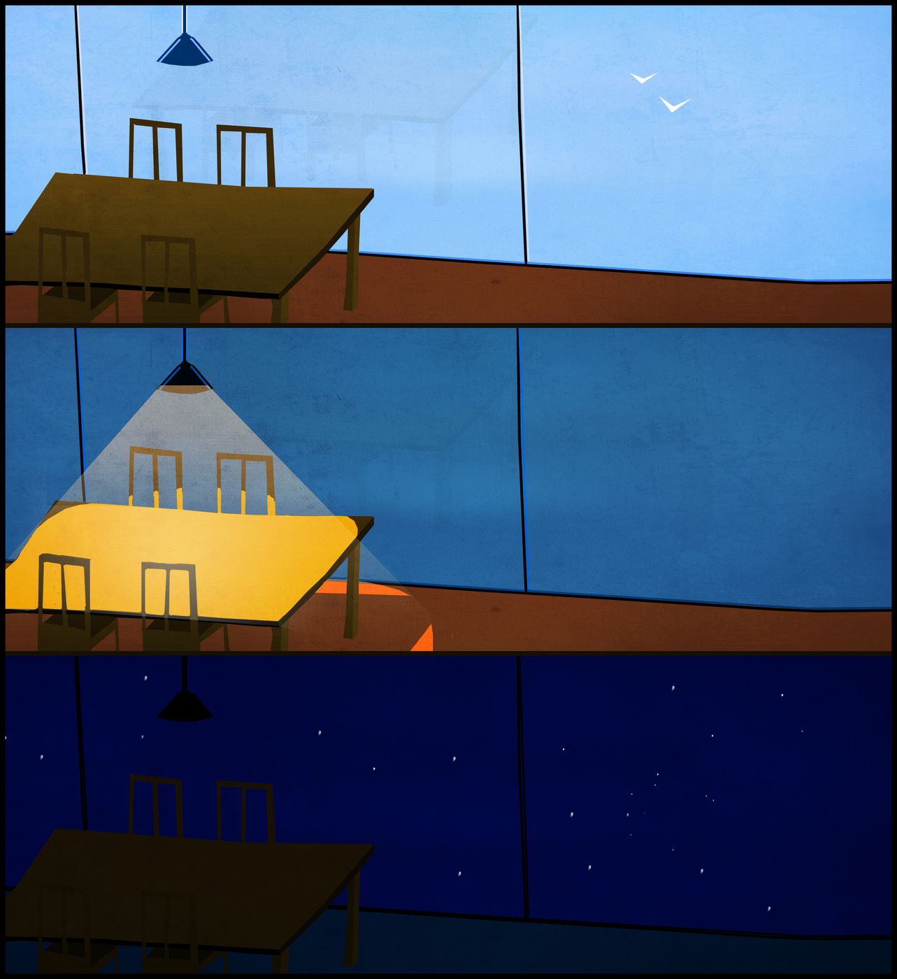 A flat painted view of modern stacked houses with hanging lamps against a blue sky