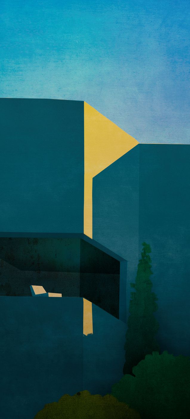 A tall minimalist painting of a modern house corner against a dark blue sky