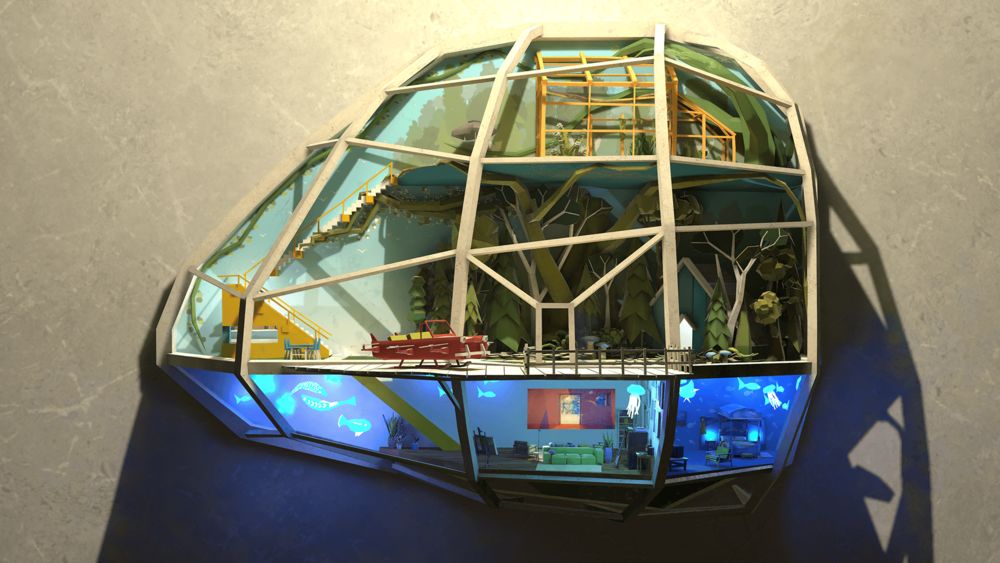 Terrarium — a geodesic glass dome containing a miniature lit interior, photographed on a table