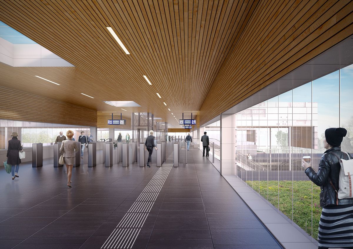 A station concourse with a wooden slatted ceiling, ticket gates and travellers beside a glass wall — interior visualisation