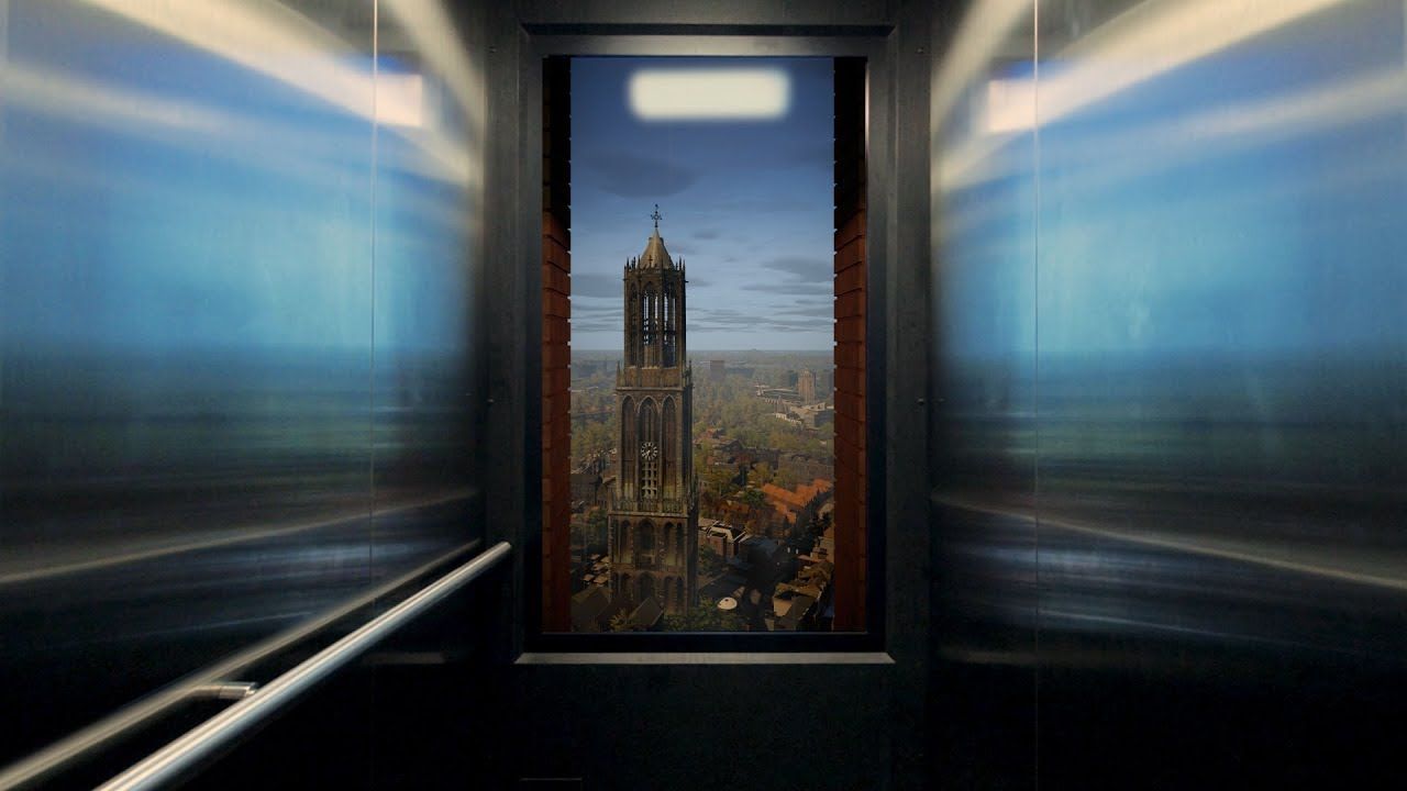 View from inside a lift with mirrored walls, the doors opening onto the Dom tower of Utrecht — visualisation