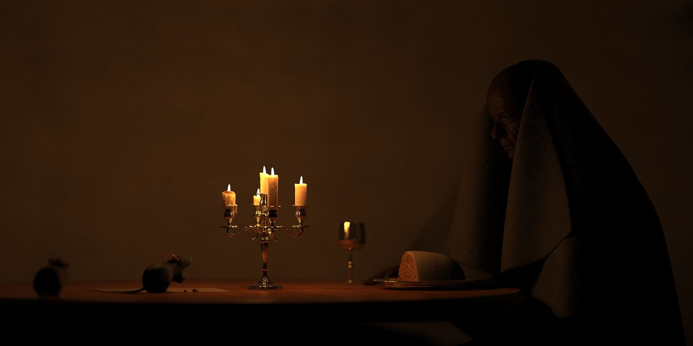 A dark room with a candelabra on a table and a shadowy figure by the wall