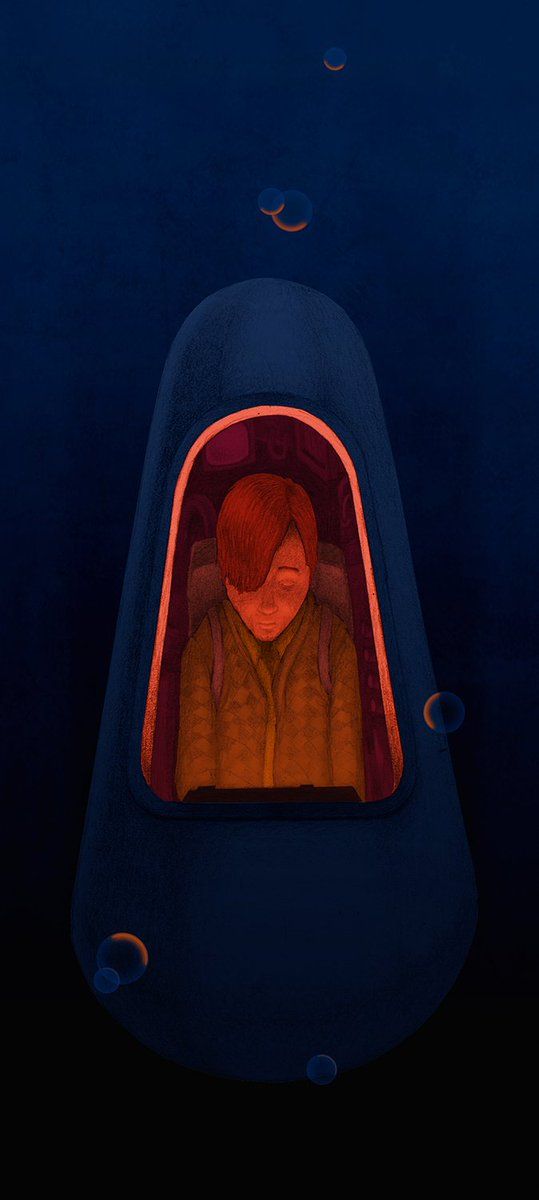 A figure seated in an illuminated red pod against a dark blue background