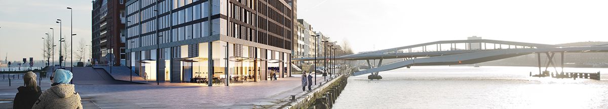 Panorama of a waterfront promenade with apartment blocks and a long white bridge, people sitting on the quay — urban visualisation
