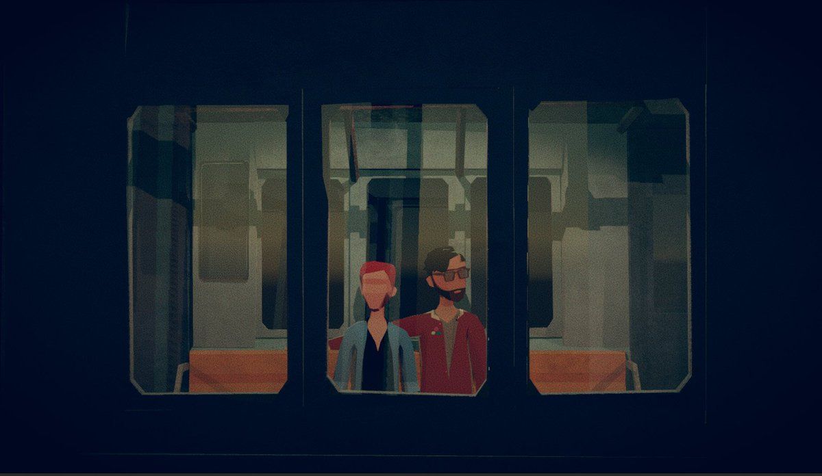 Two figures seen through the windows of a subway carriage in muted blue light — Sonder