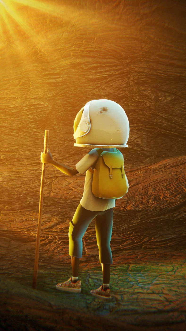 Aku from behind with a walking stick and yellow backpack, standing in a warm golden landscape