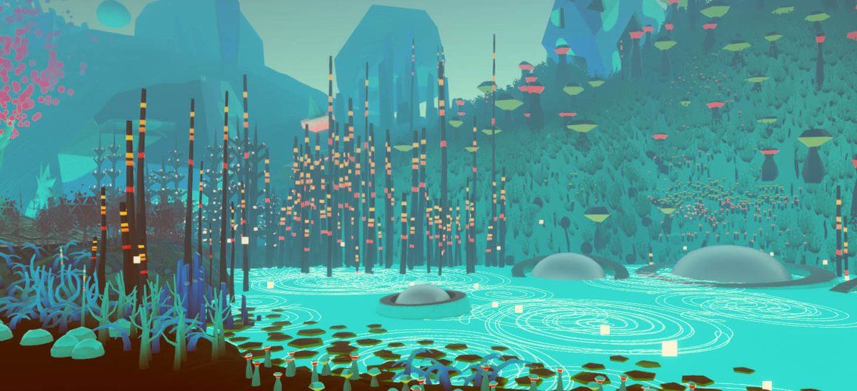 A teal-and-turquoise lagoon landscape with tall thin trees and glowing lights — a VR world