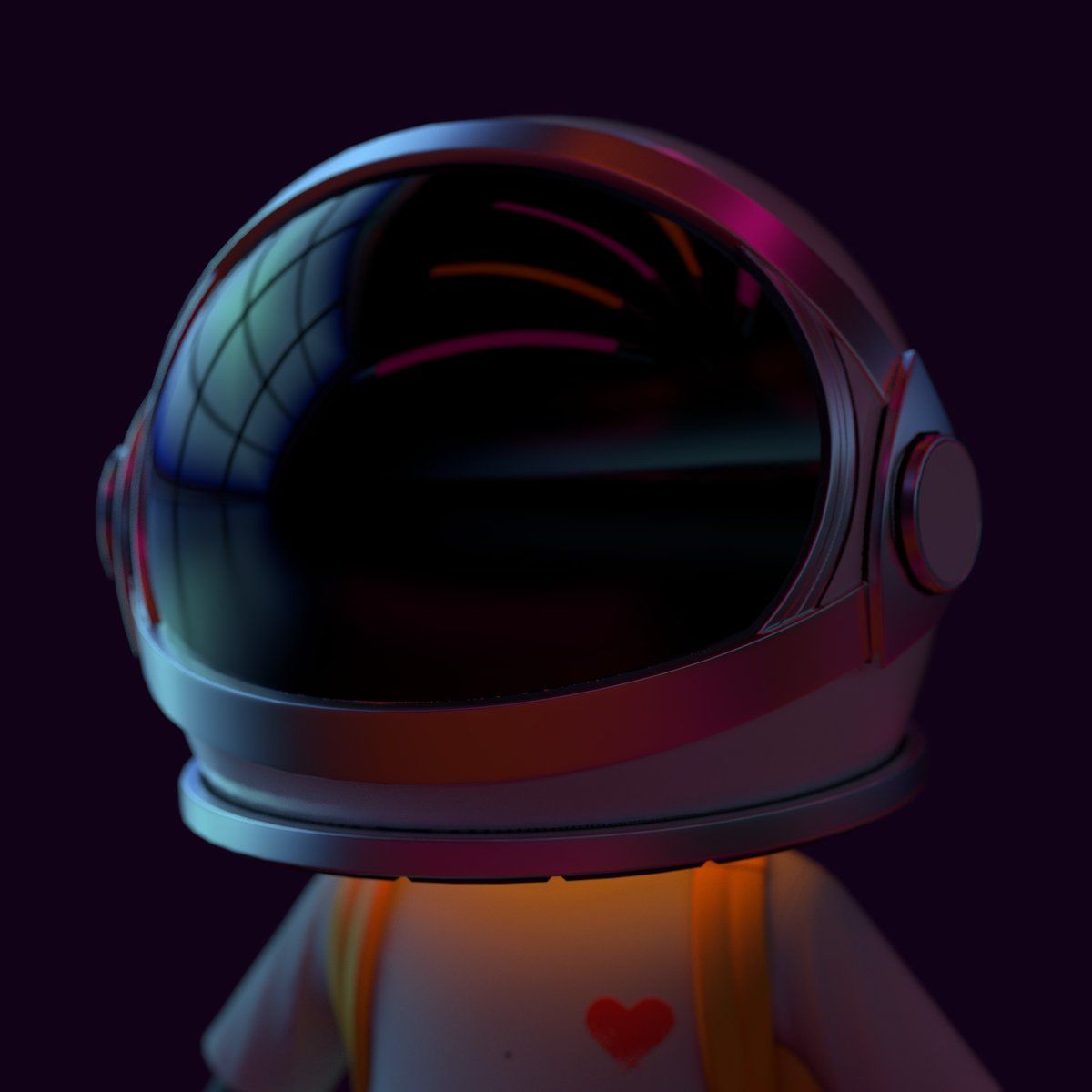 Close-up of Aku's helmet from behind and above, reflecting soft pink and blue light