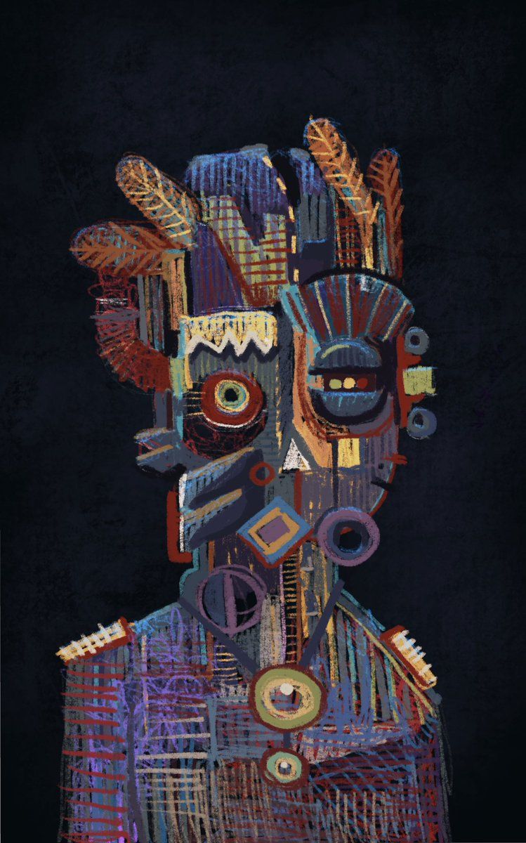 A patchwork portrait of a man built from dozens of coloured shapes and textures on black
