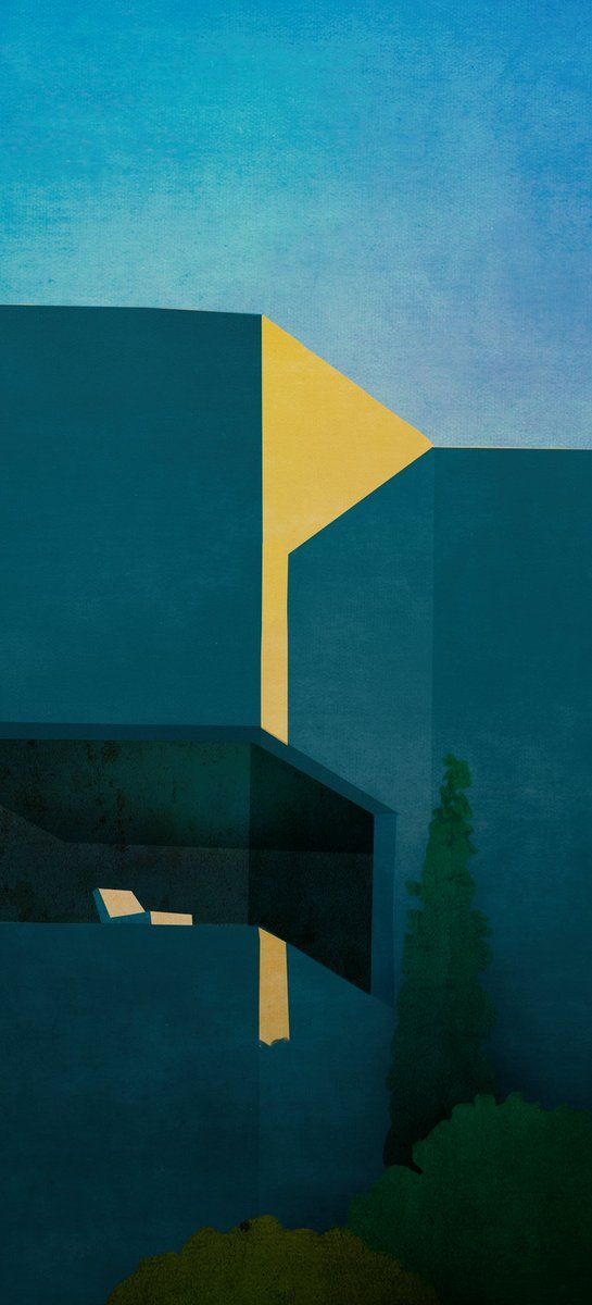 A tall minimalist painting of a modern house corner against a blue sky