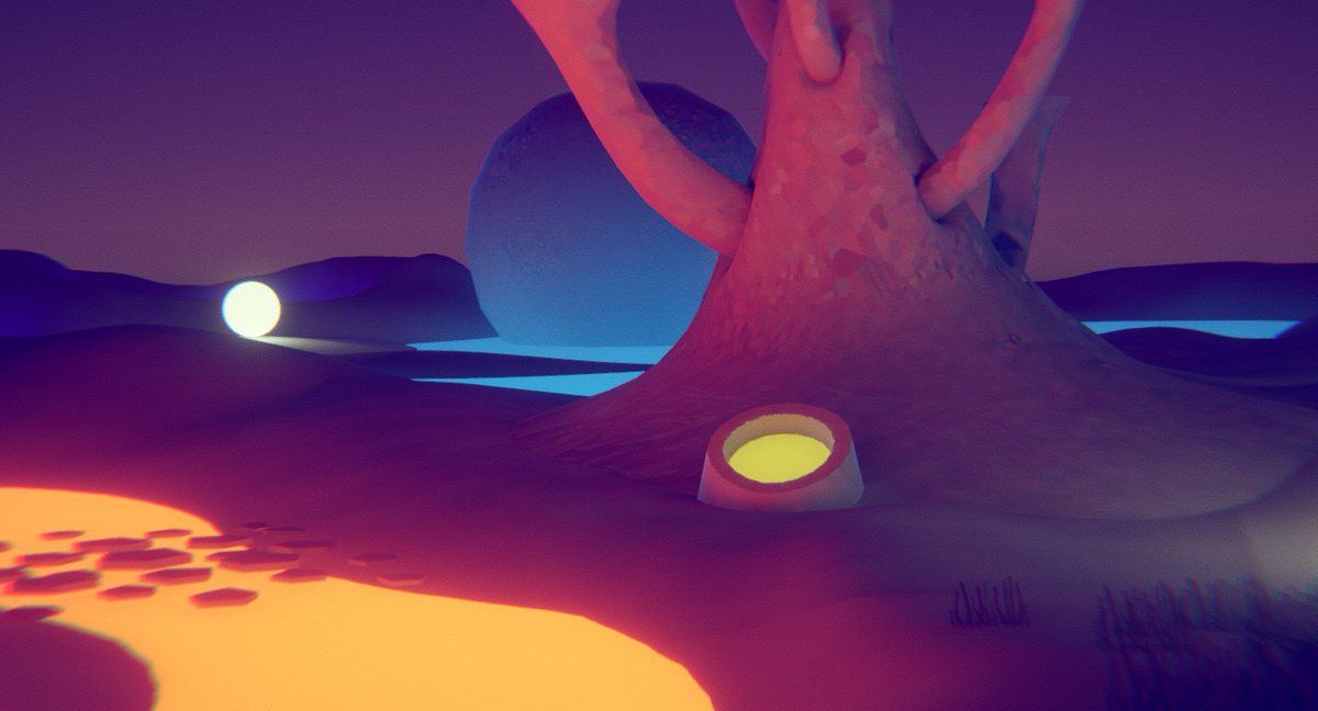 A low-poly pink and purple landscape with a large tree and a glowing yellow lake at sunset