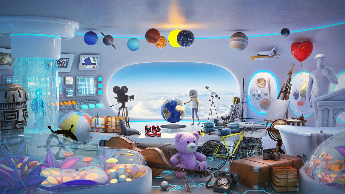 Aku's bedroom seen through a window, full of planets, a rocket, a telescope and a glowing aquarium