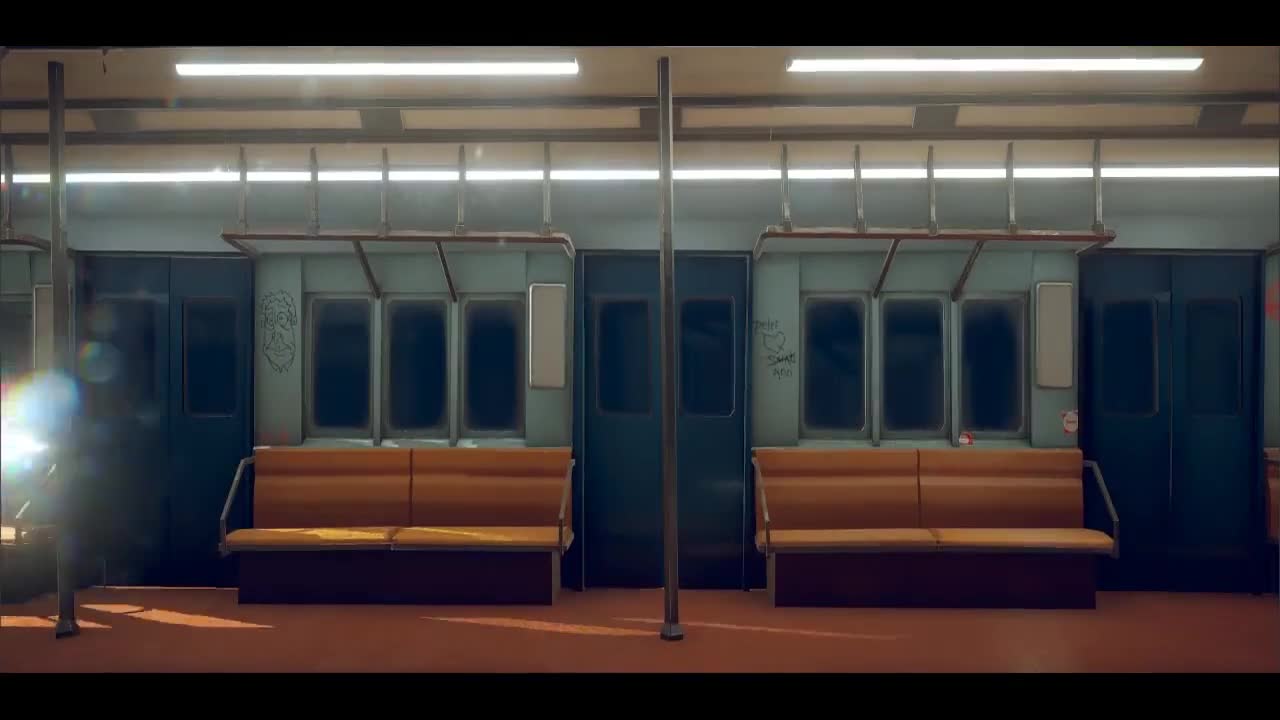 A subway carriage with orange benches at night, a figure at the far door — Sonder, with sound