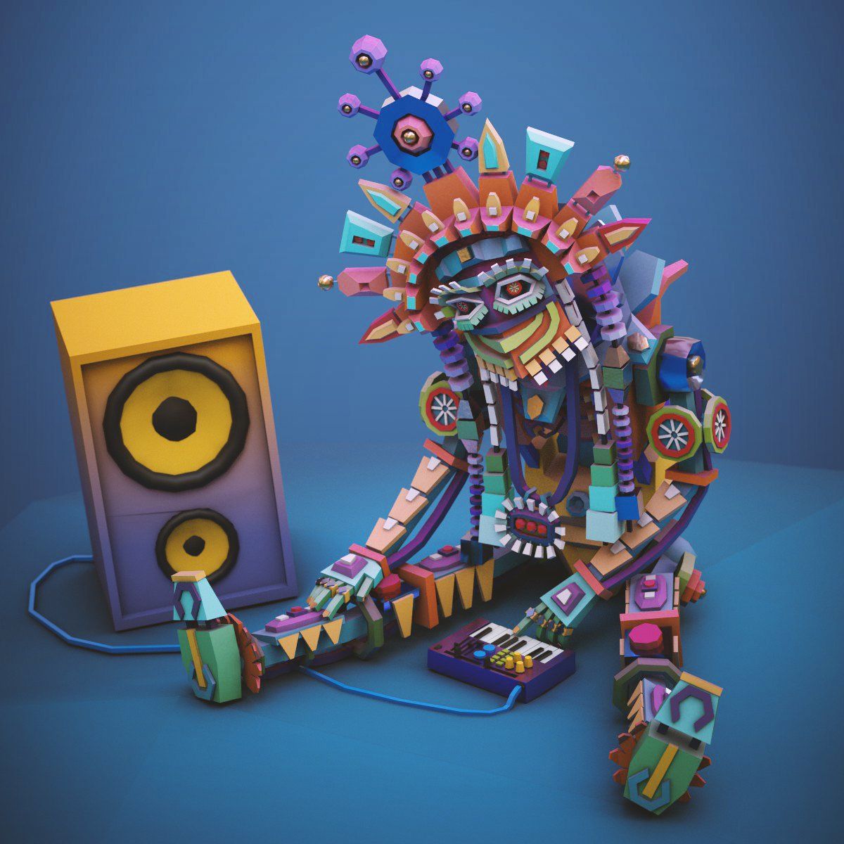 A colourful patchwork robot-like character sitting beside a yellow speaker on a blue background