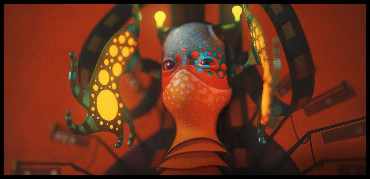 A masked red figure with ornate tentacle-like decorations against an orange-red background