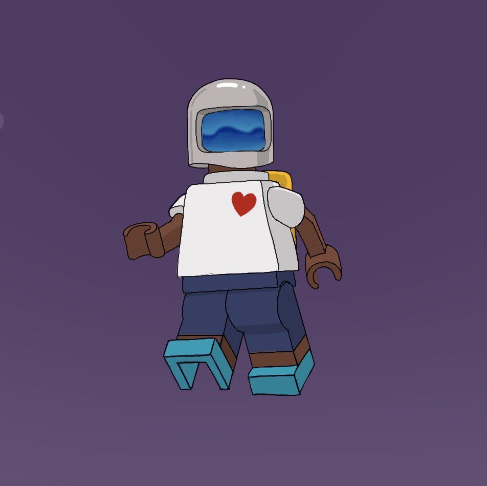 Aku as a LEGO minifigure in his white T-shirt with a red heart, on a purple background