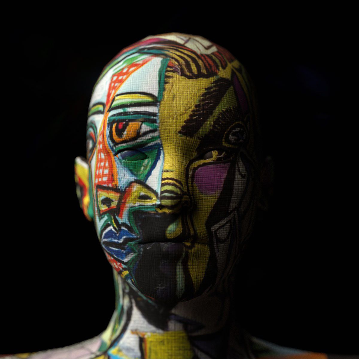 A bust of a man covered in coloured abstract face-paint patterns, in dramatic light