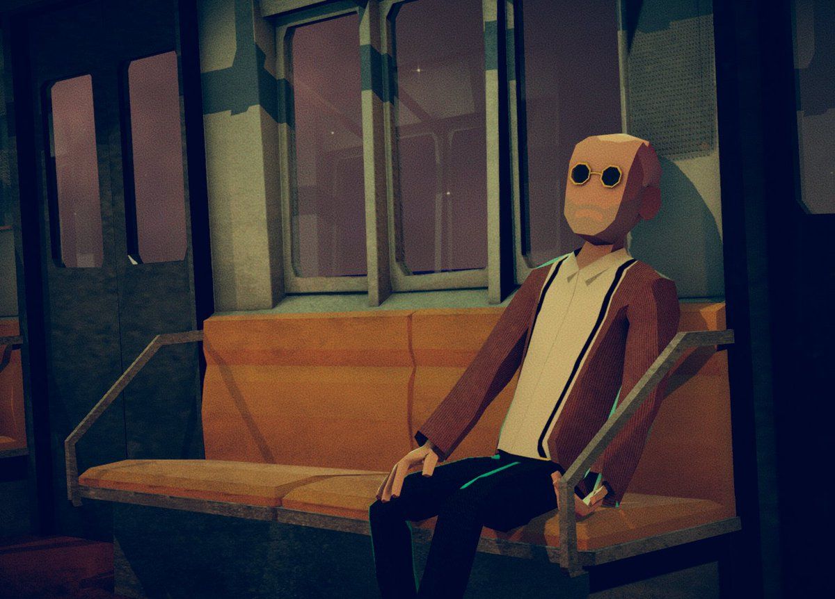 A man with a cardboard-box head sitting on an orange subway seat — Sonder
