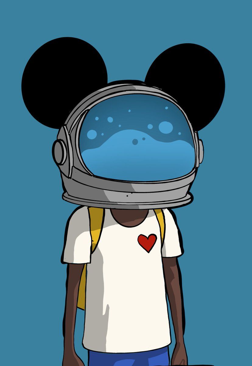 Aku wearing Mickey Mouse ears over his helmet, on a bright blue background