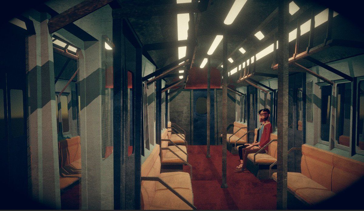 Interior of a subway carriage with orange seats and a few seated passengers — Sonder