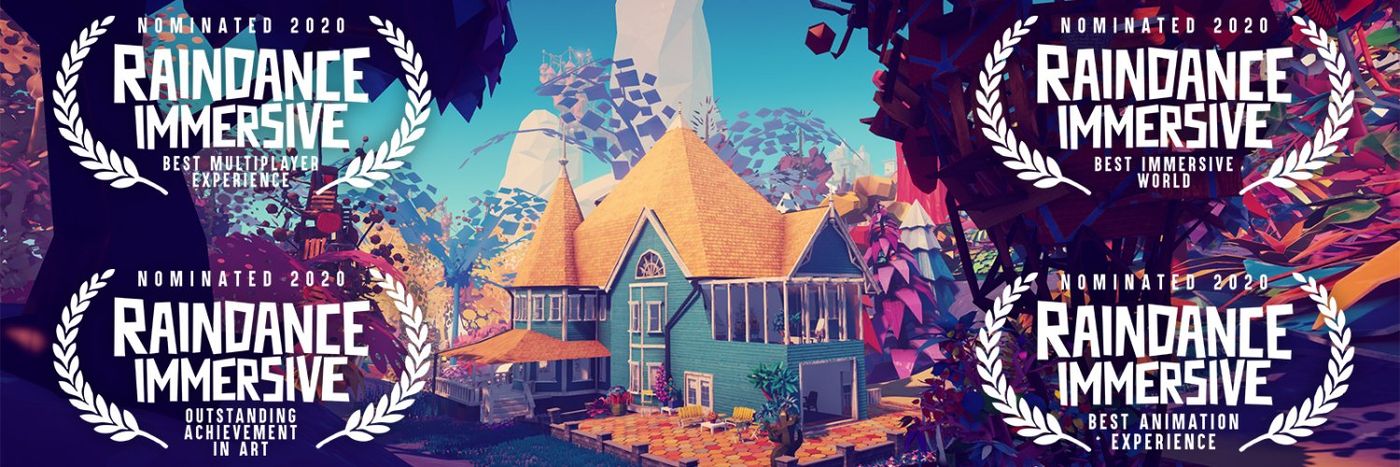 Banner for Sonder with four Raindance Immersive 2020 nomination laurels around a colourful VR scene