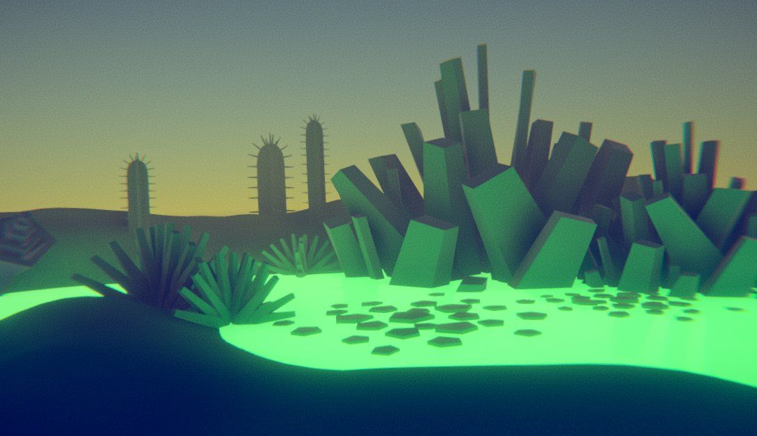 A low-poly desert of cacti and green rock spires under a warm sky