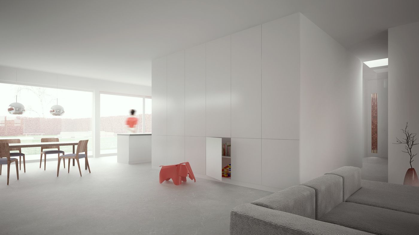 A bright white minimalist interior — living room and dining table with a small red elephant sculpture on the floor