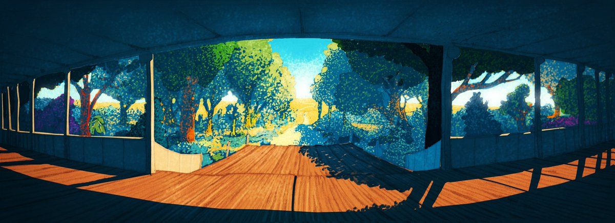 A panoramic view of a forest path through a stylised colonnade, painted in blues and greens
