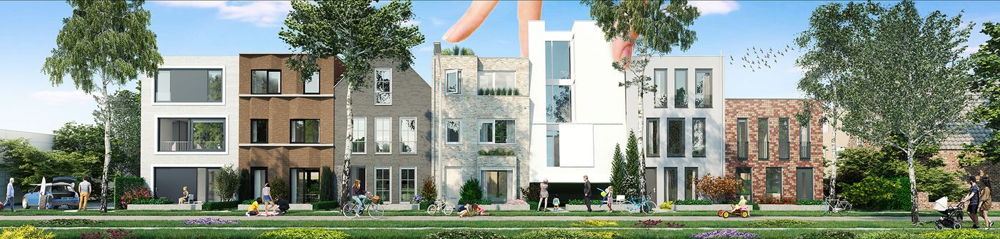 A street of varied townhouses in white render, brown and red brick behind a green verge and trees — housing visualisation