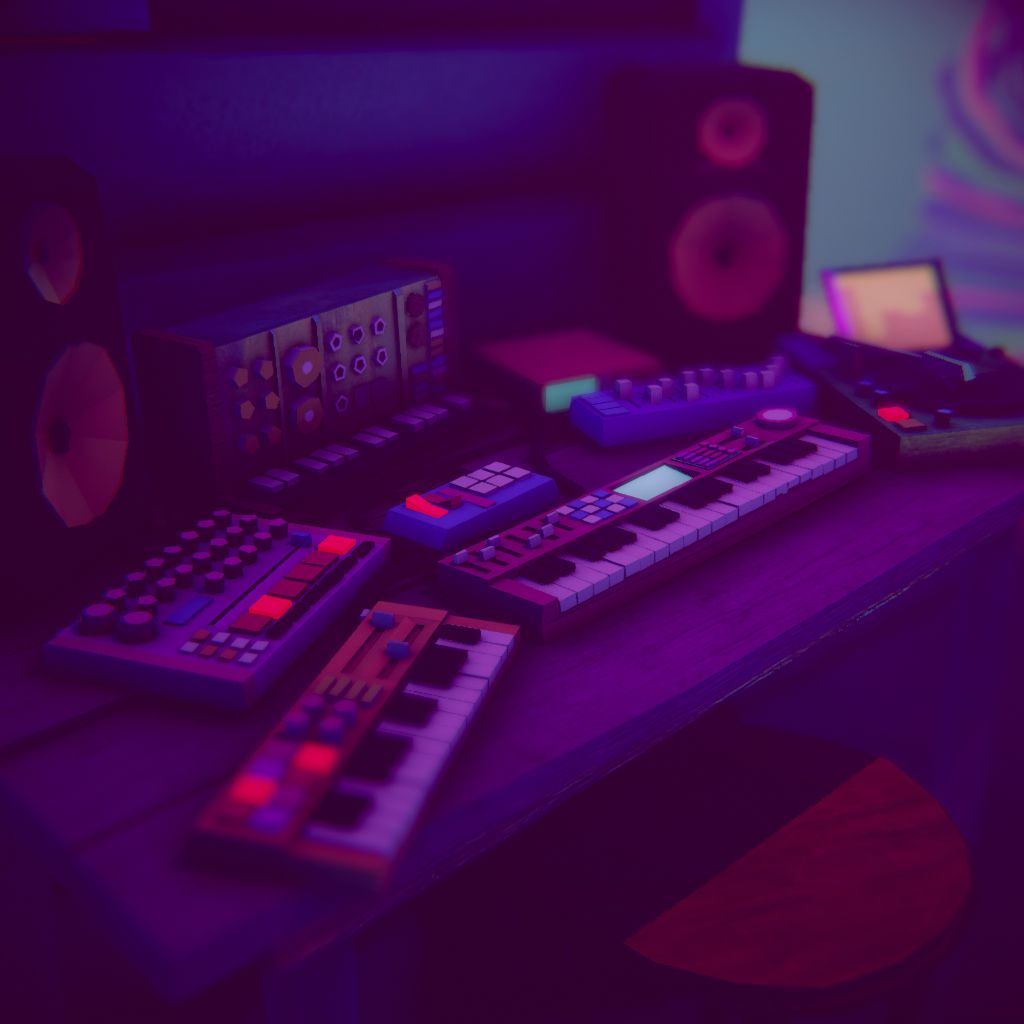 A music studio desk with synthesizers and drum machines glowing in purple and pink light