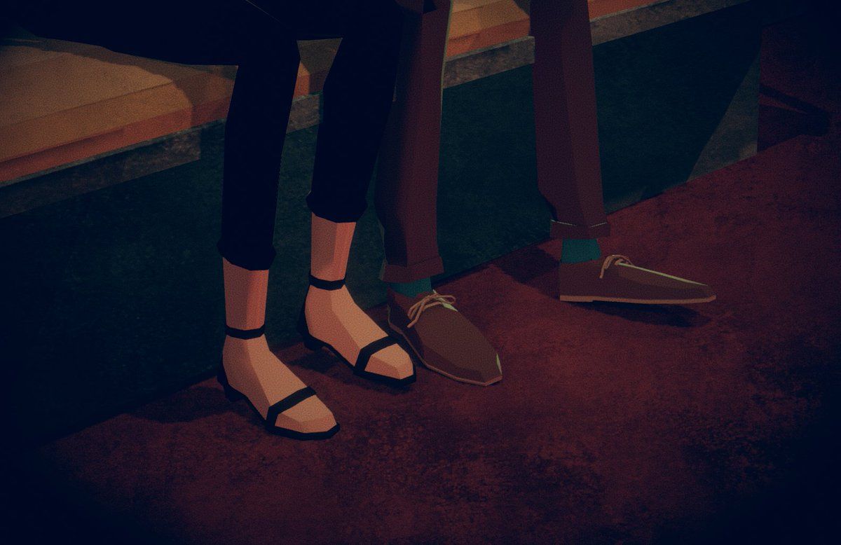 Close-up of two people's feet on a subway platform — sandals and loafers, painted in muted browns — from Sonder
